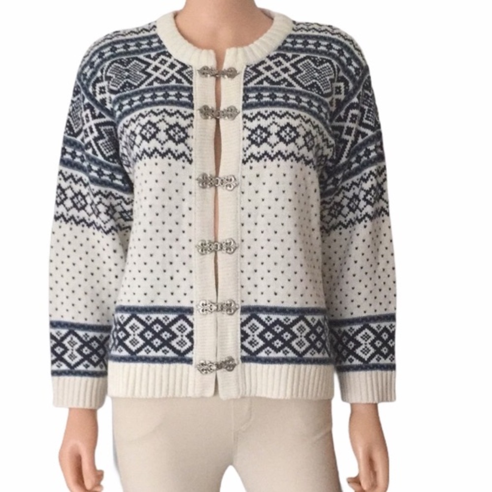 Vintage Boundary Waters Nordic Fair Isle Cardigan | Blue & White Wool | Size MP